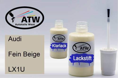 Audi, Fein Beige, LX1U: 20ml Lackstift + 20ml Klarlack - Set, von ATW Autoteile West.